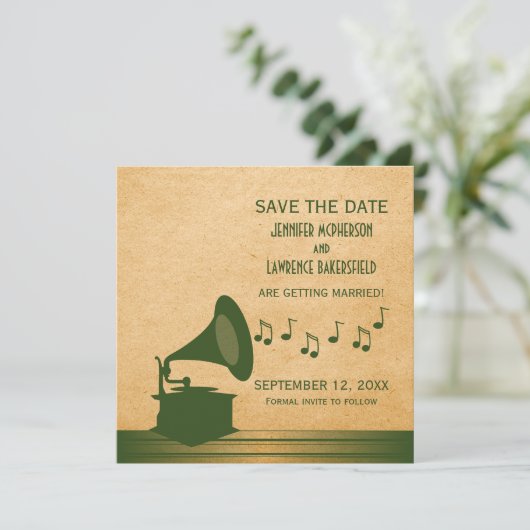 De groene  Gramophone sparen de Datum uitnodigen Kaart (Staand voorkant)