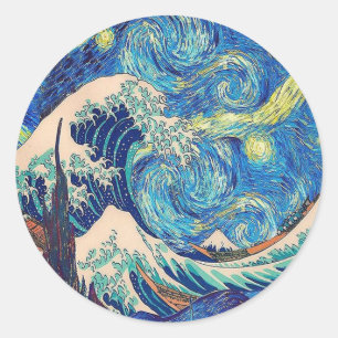 De grote golf van Kanagawa de Sterrennacht Ronde Sticker