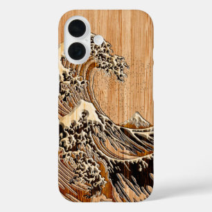De Grote Hokusai Wave Bamboo Hout ontwerp iPhone 16 Hoesje