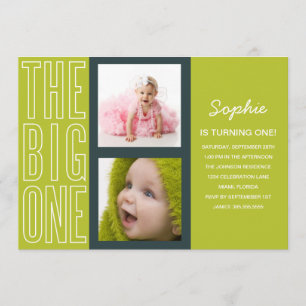 DE GROTE IN GROEN EERSTE BIRTHDAY-INVITATIE KAART