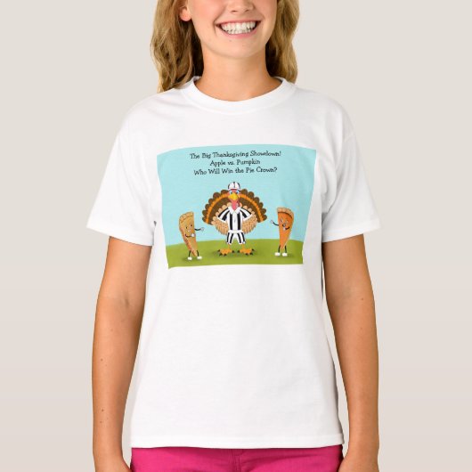 De Grote Thanksgiving Showdown Pumpkin en Apple T-shirt (Voorkant)