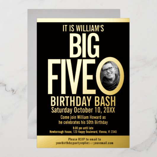 De grote vijf 50e verjaardag foto folie uitnodiging (Voorkant / Achterkant)