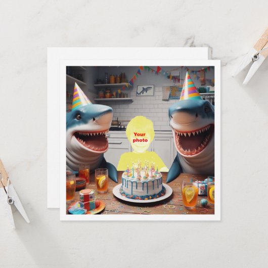 De haaien-verjaardagsfeestje voor uw kind, haaien kaart (Voorkant / Achterkant in situ)