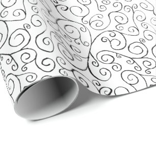 De hand schilderde Zwart Patroon Curvy op Wit Cadeaupapier
