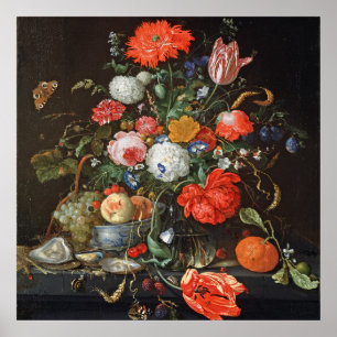 de Heem Flowers Fruit Oysters Painting Poster
