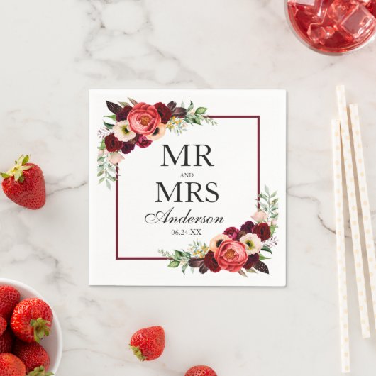 De heer en mevrouw Boho Bourgondië Floral Wedding Servet (Insitu)