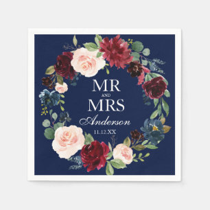 De heer en mevrouw Burgundy Floral Blue Wedding Servet