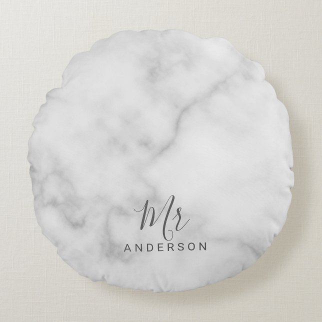 De heer en mevrouw | Elegant White Marble Modern S Rond Kussen (Voorkant)