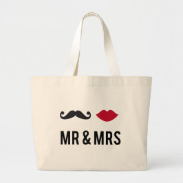 de heer en mevrouw. met snor en rode lippen grote tote bag