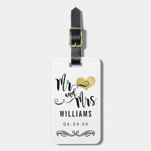 De heer en mevrouw Monogram Black Gold Wedding Pas Bagagelabel (Voorkant verticaal)