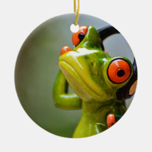 De heer Frog met Headphones Ornament Round