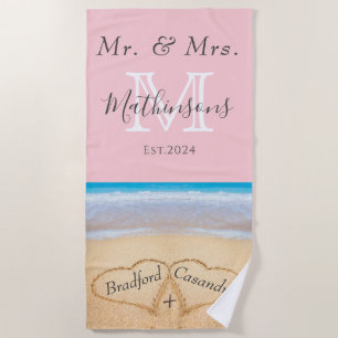de heer Mrs Beach Wedding Hearts Sand Family Monog Strandlaken