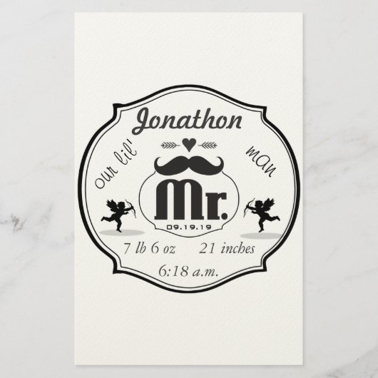 de heer Mustache Lil Man Baby Boy Stats Briefpapier (Voorkant)