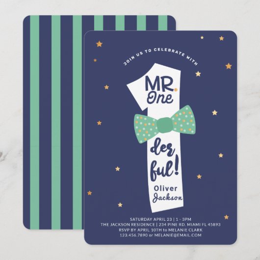 de heer One derful Bowtie Navy & Green 1st Birthda Kaart (Voorkant / Achterkant)