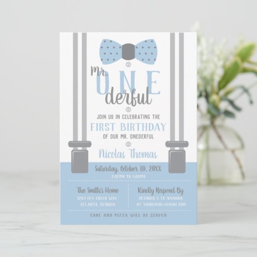 de heer ONEderful Birthday Invitation, Blue, Grey Kaart (Staand voorkant)