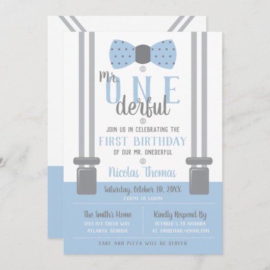 de heer ONEderful Birthday Invitation, Blue, Grey Kaart (Voorkant / Achterkant)