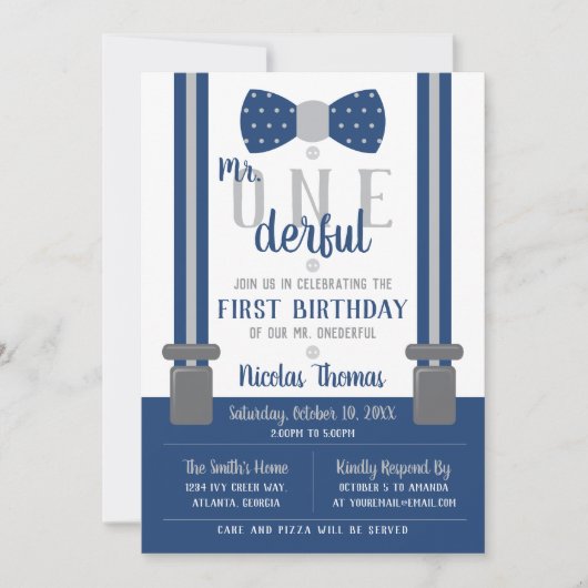 de heer ONEderful Birthday Invitation, Blue, Grey Kaart (Voorkant)