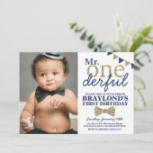 De heer Onederful Blue en Gold First Birthday Foto Kaart (Staand voorkant)