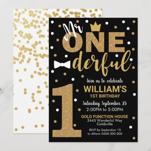 De heer Onederful Invitation Black en Gold Kaart (Voorkant / Achterkant)