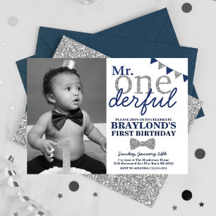 de heer Onederful Photo Invitation, Blue en Silver Kaart