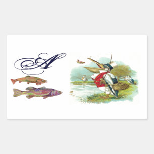 DE HEER PELICAN VIST MONOGRAM RECHTHOEKIGE STICKER