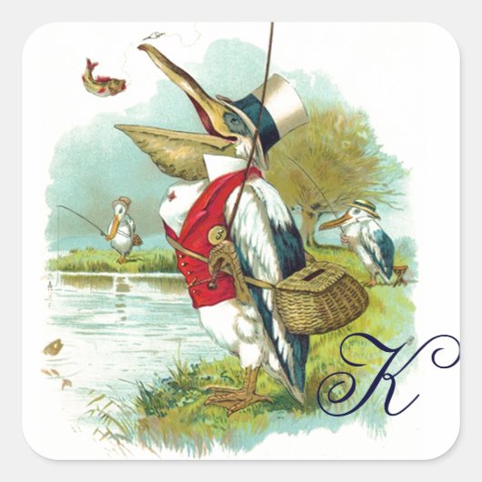 DE HEER PELICAN VIST MONOGRAM VIERKANTE STICKER (Voorkant)