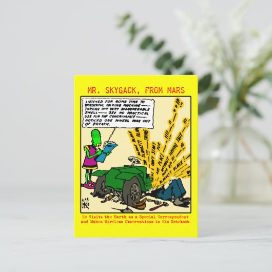 De heer Skygack merkt op dat een afgebroken auto Briefkaart (Staand voorkant)