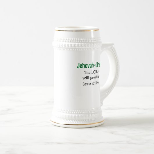 De Heer zal Bijbel Verse Groen en Wit verstrekken Bierpul (Voorkant rechts)