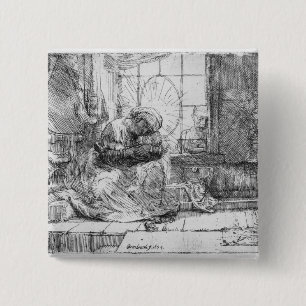 De Heilige Familie met een kat, 1654 Vierkante Button 5,1 Cm