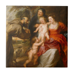 De Heilige Familie met heiligen Tegeltje