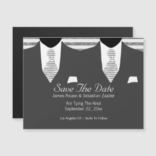 De heren Gray Suit Stropdas Gay Save the Date Wedd Magnetische Uitnodiging