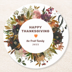 De herfst Floral Happy Thanksgiving Ronde Kartonnen Onderzetter