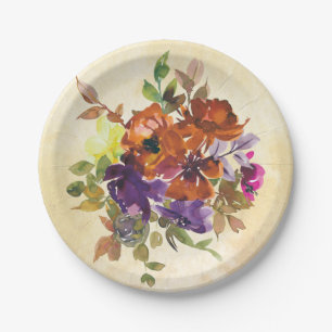De herfst Floral Paarse Blue Burnt Oranje Waterver Papieren Bordje
