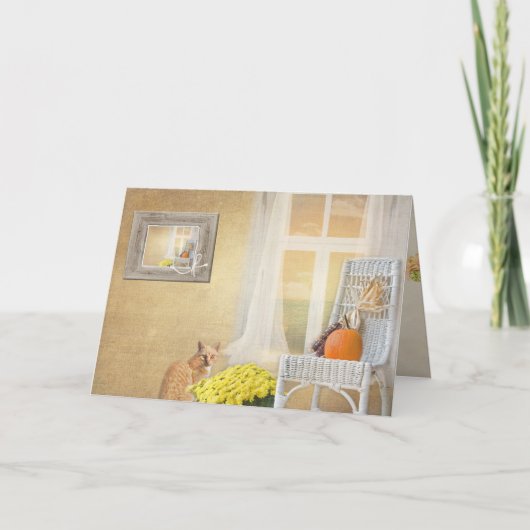 de herfst kat met venster-denkt aan u kaart (Voorkant)