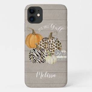 De Herfst Y'all Leopard Zebra Pumpkins w Grey Wood iPhone 11 Hoesje