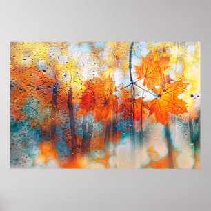 de herfstbladeren op de textuur van regenglas . poster