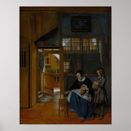 De Hooch - Een vrouw die brood en boter bereidt vo Poster (Voorkant)