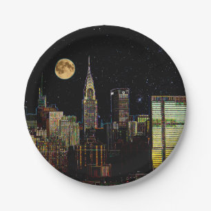 De Horizon van New York bij Nacht met Volle maan Papieren Bordje
