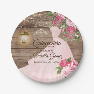 De Houten en Roze Mauve Bloemen van Quinceañera Papieren Bordje