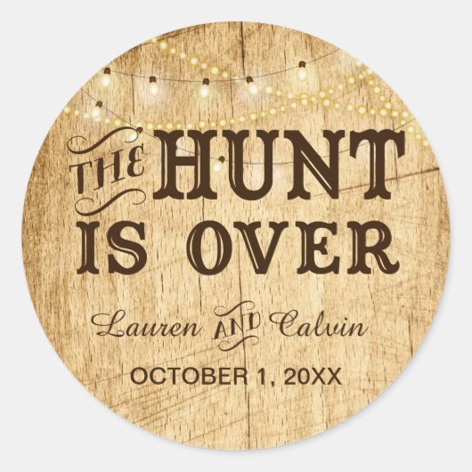 De Hunt is Over land bruiloft gunst sticker (Voorkant)