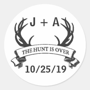 "De jacht is voorbij" Antler Rustic Wedding Custom Ronde Sticker