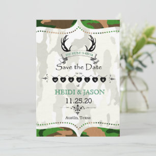 "De jacht is voorbij" Rustieke Camo Foto Save the  Date