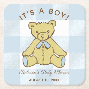 De Jongen van het baby shower draagt met Naam en Vierkante Kartonnen Onderzetter