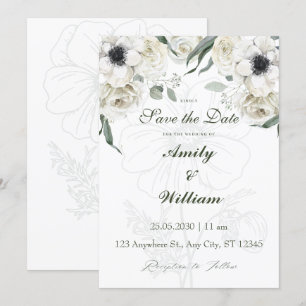 De Kaart Datum opslaan   Elegante witte bloemen