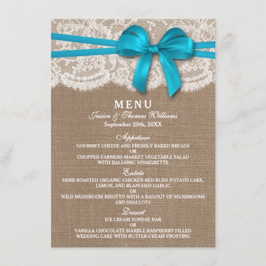 De Kaart van het menu Rustic Blue Bow Wedding Coll (Voorkant)