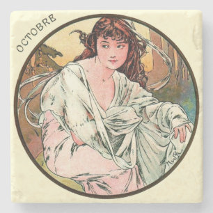 De Kalender Oktober van Mucha van de Jugendstil Stenen Onderzetter