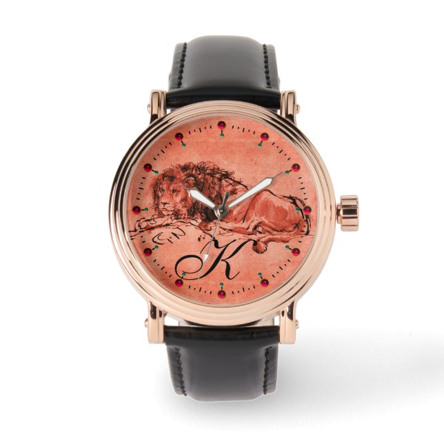 DE KAPITEIN LION LYING DOWN, Antiek rood Monogram Horloge (Voorkant)