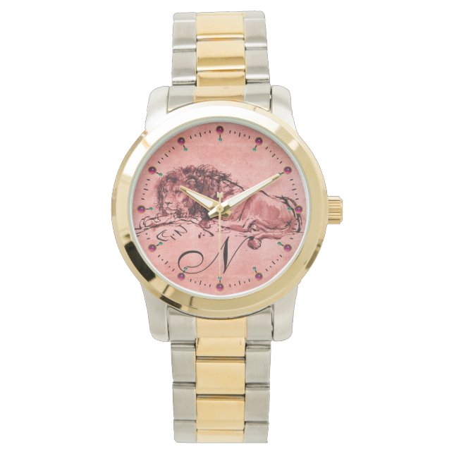 DE KAPITEIN LION LYING DOWN, Antiek roze rood Mono Horloge (Voorkant)