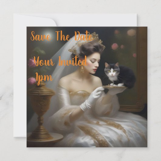 De kat bruid olieverf, save the date (Voorkant)
