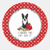 De kat deed het Boston Terrier Dog (zwart). Ronde Sticker (Voorkant)